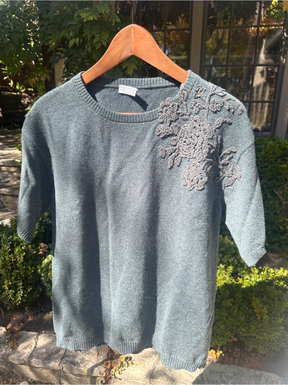 Brunello Cucinelli Slate Green Crewneck Sweater with Floral Appliqué